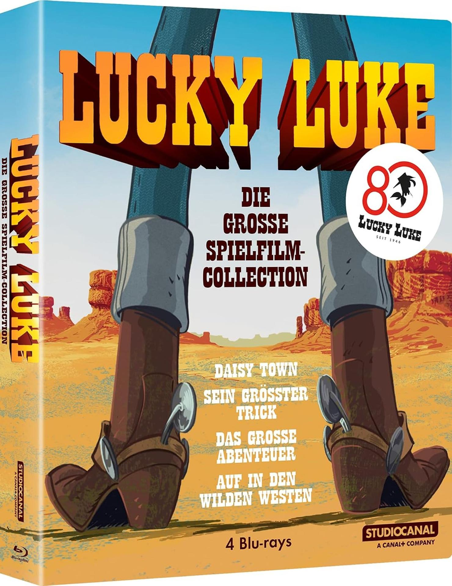 Lucky Luke Blu-ray Box im Western-Design mit Stiefeln und Cowboy-Hut.