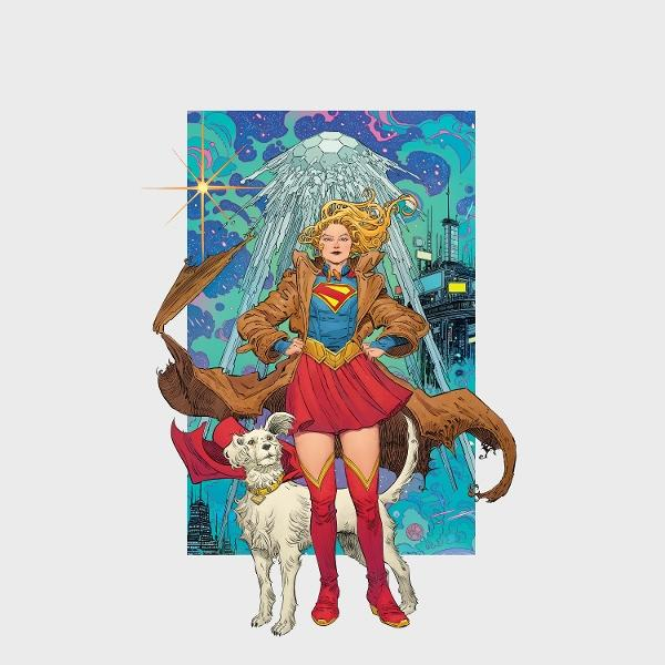 Supergirl und Hund stehen vor futuristischer Stadt und Weltraumkulisse.