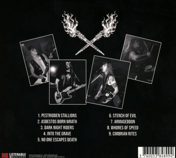 Schwarz-weiße Rückseite eines Albums mit Bandfotos und Songtiteln.