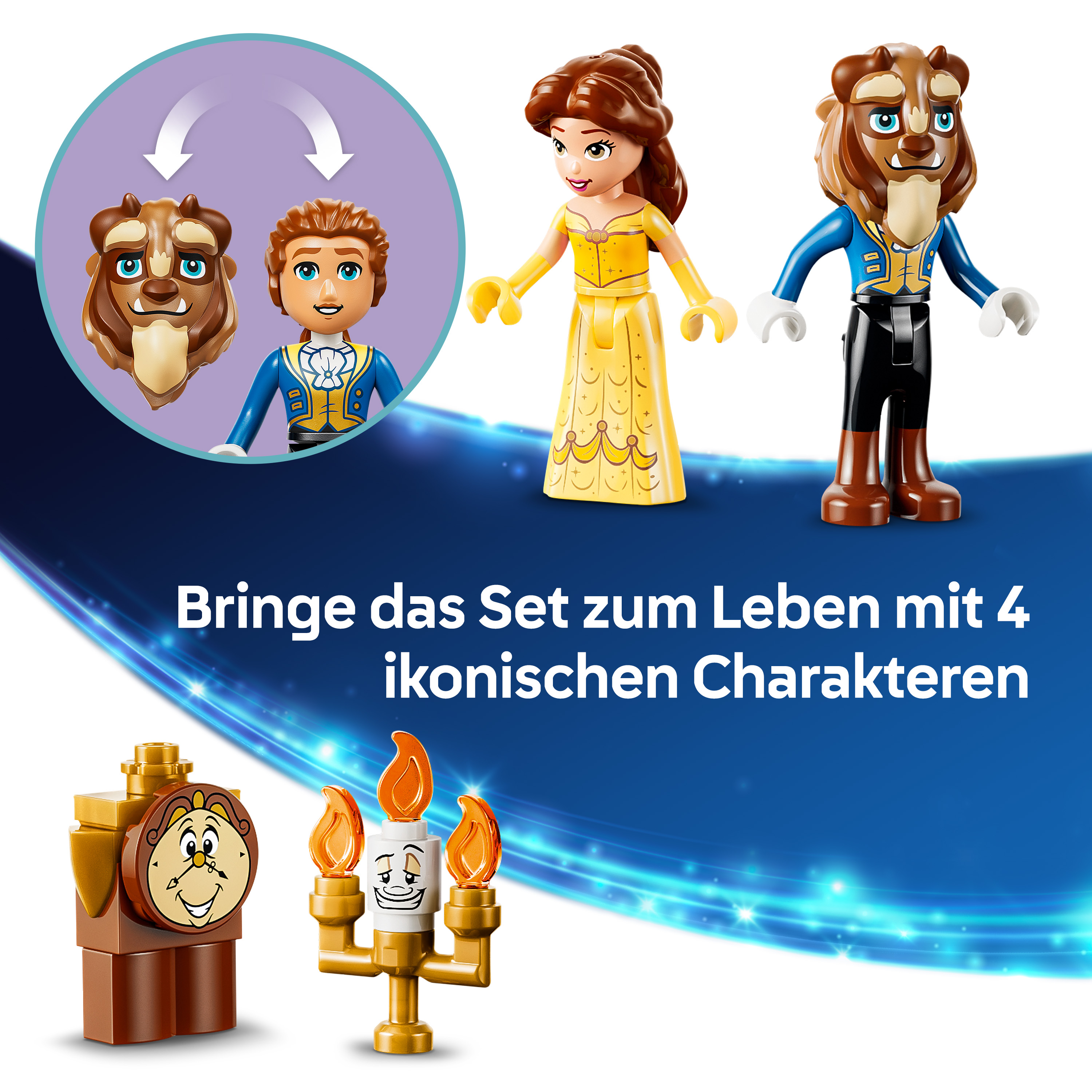 Lego-Figuren von Belle, Biest und Lumière und eine Uhr.