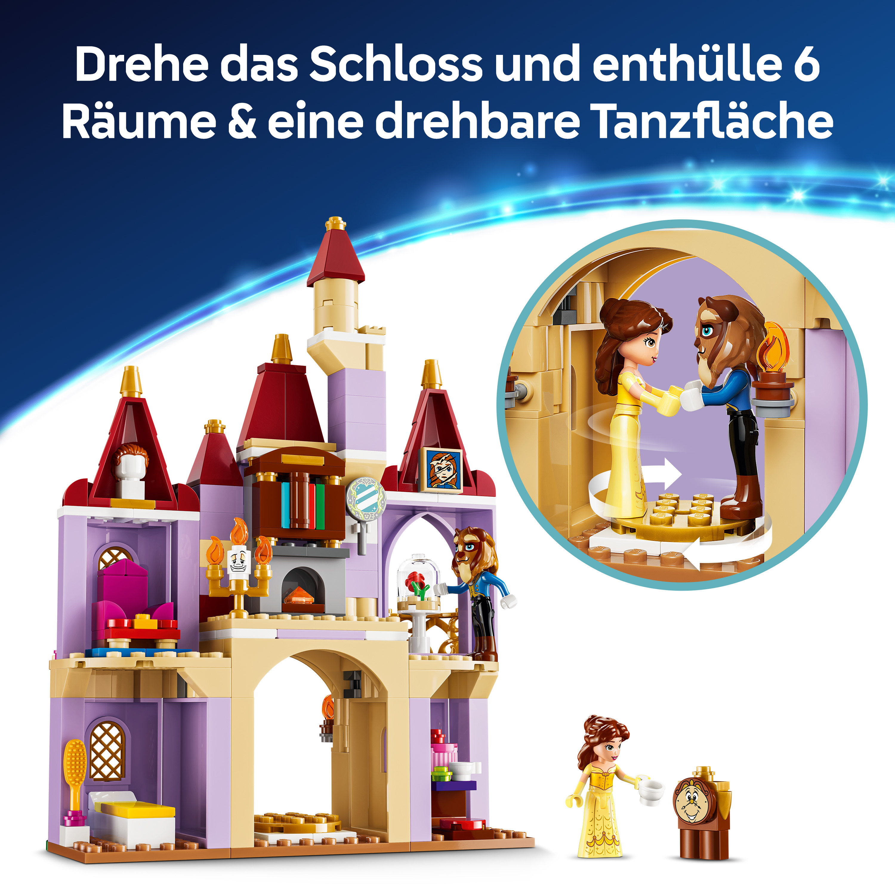 Ein LEGO-Schloss mit Prinzessin Belle und dem Biest, die tanzen.