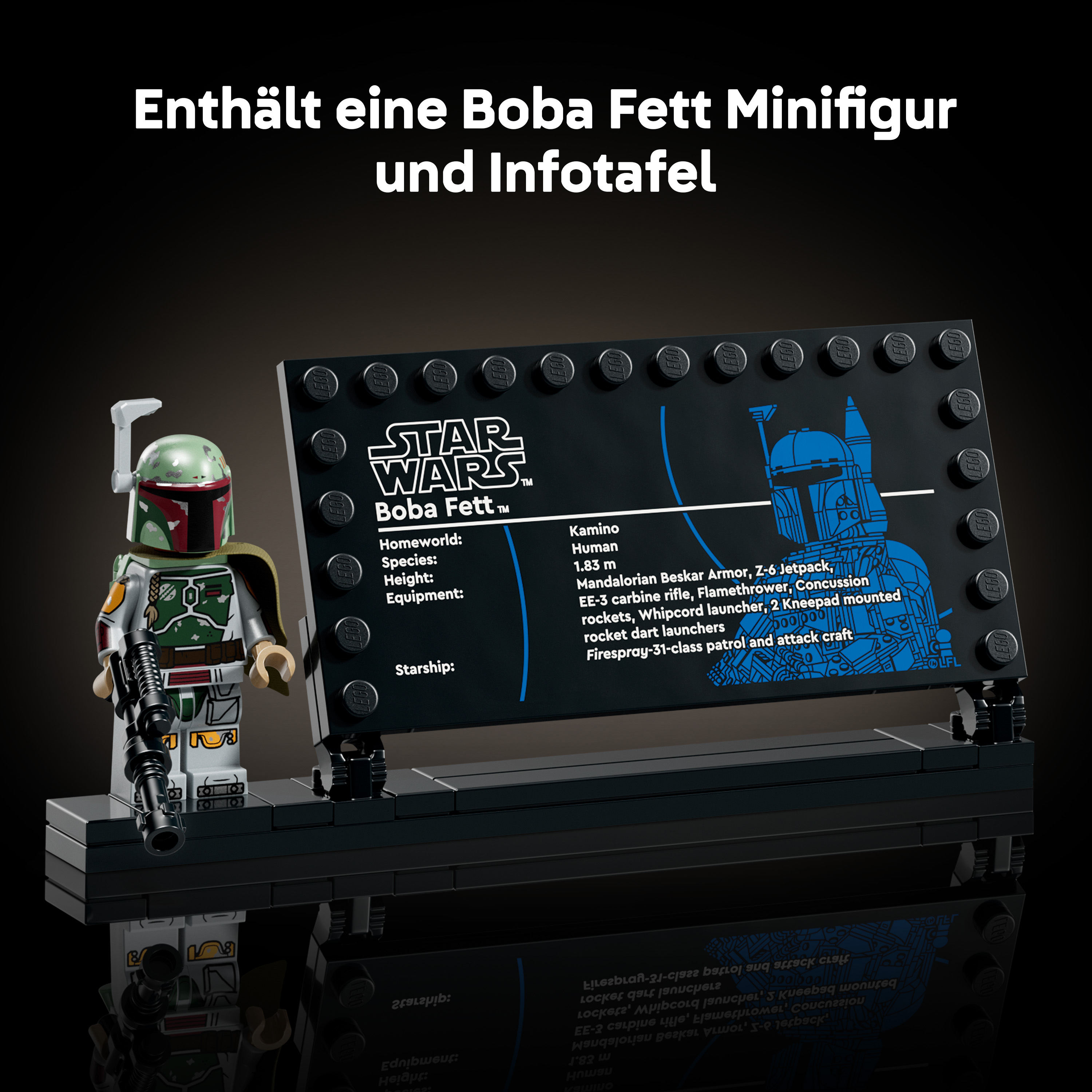Boba Fett Lego-Figur und Infotafel mit Star Wars-Logo und Charakterdetails.