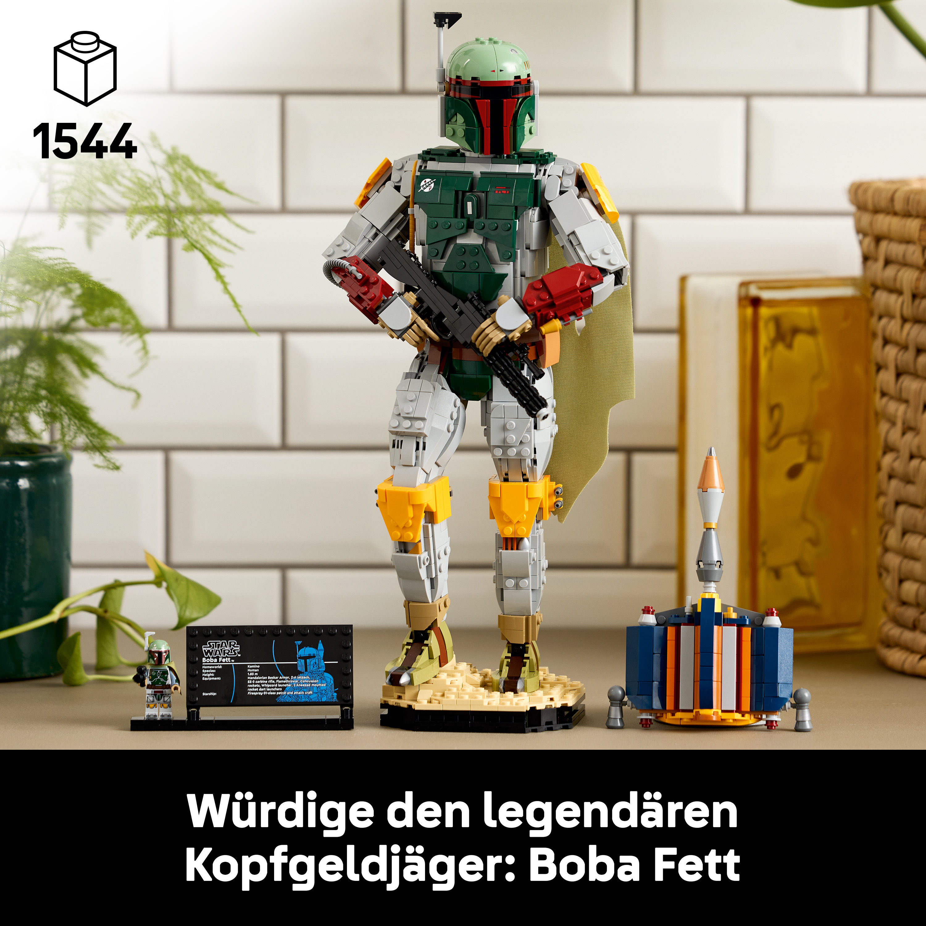 Boba Fett Lego-Figur mit Blaster und Raketenrucksack, vor einer Kachelwand.