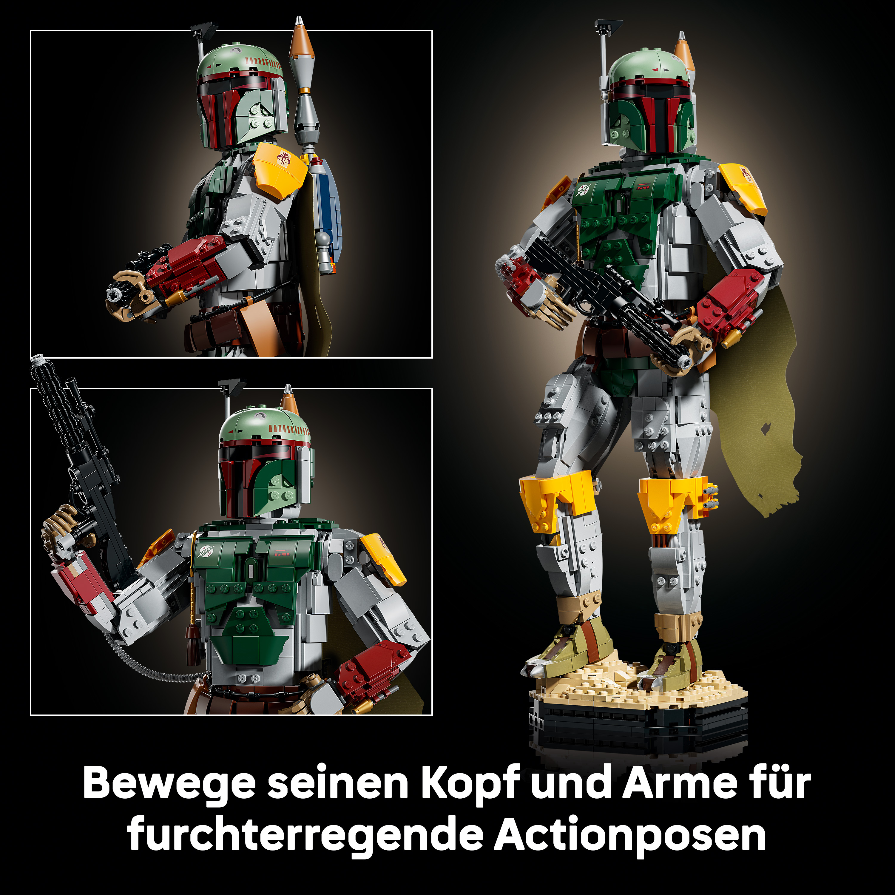 Boba Fett LEGO Figur mit Gewehr und Umhang, auf einem Sockel.