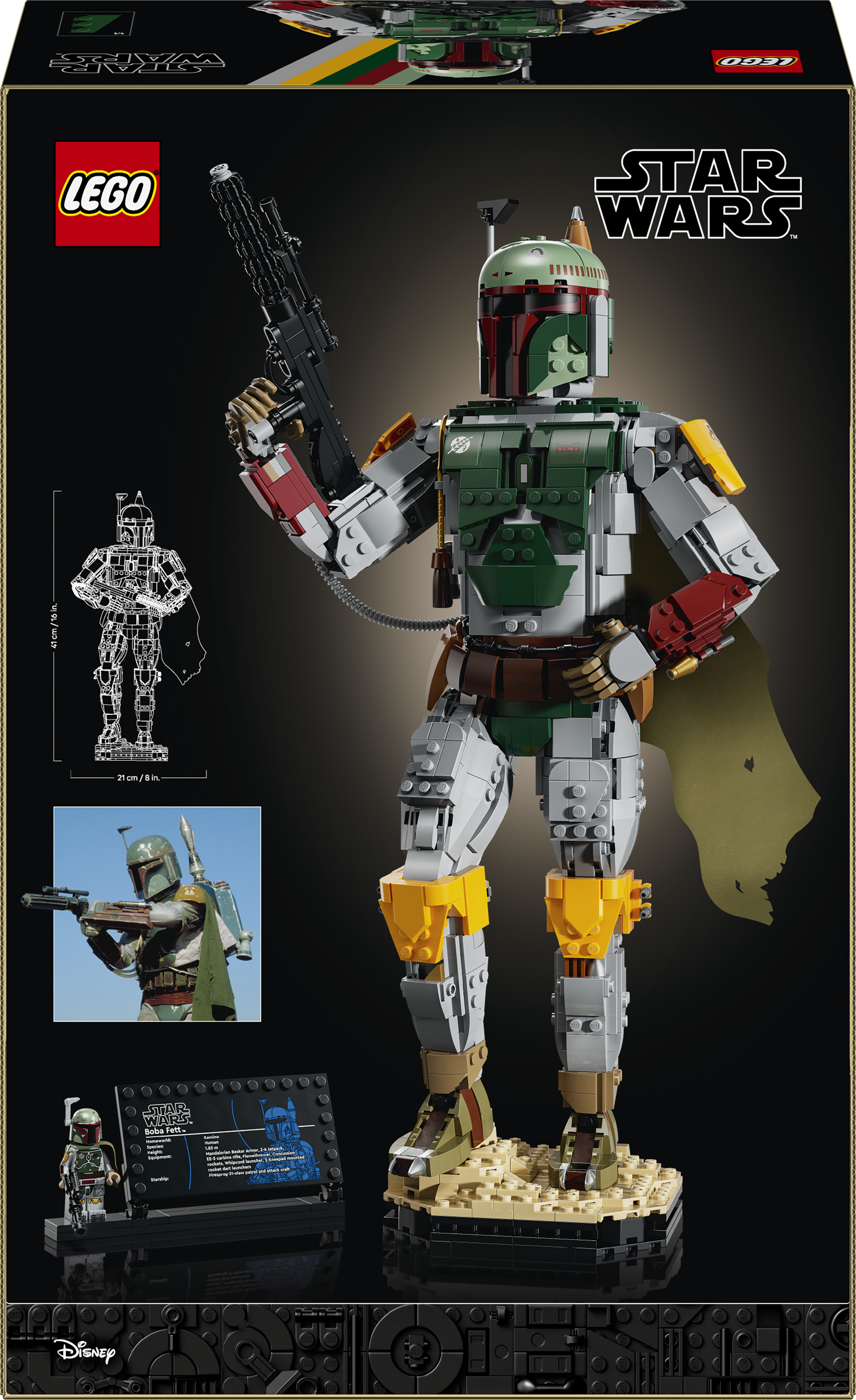 Ein detailliertes Lego-Modell von Boba Fett mit Helm, Rüstung und Blaster.