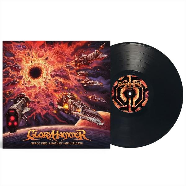 Weltraum-Schallplatte mit Albumcover von Raumschiffen in der Nähe eines feurigen Nebels und eines Planeten.