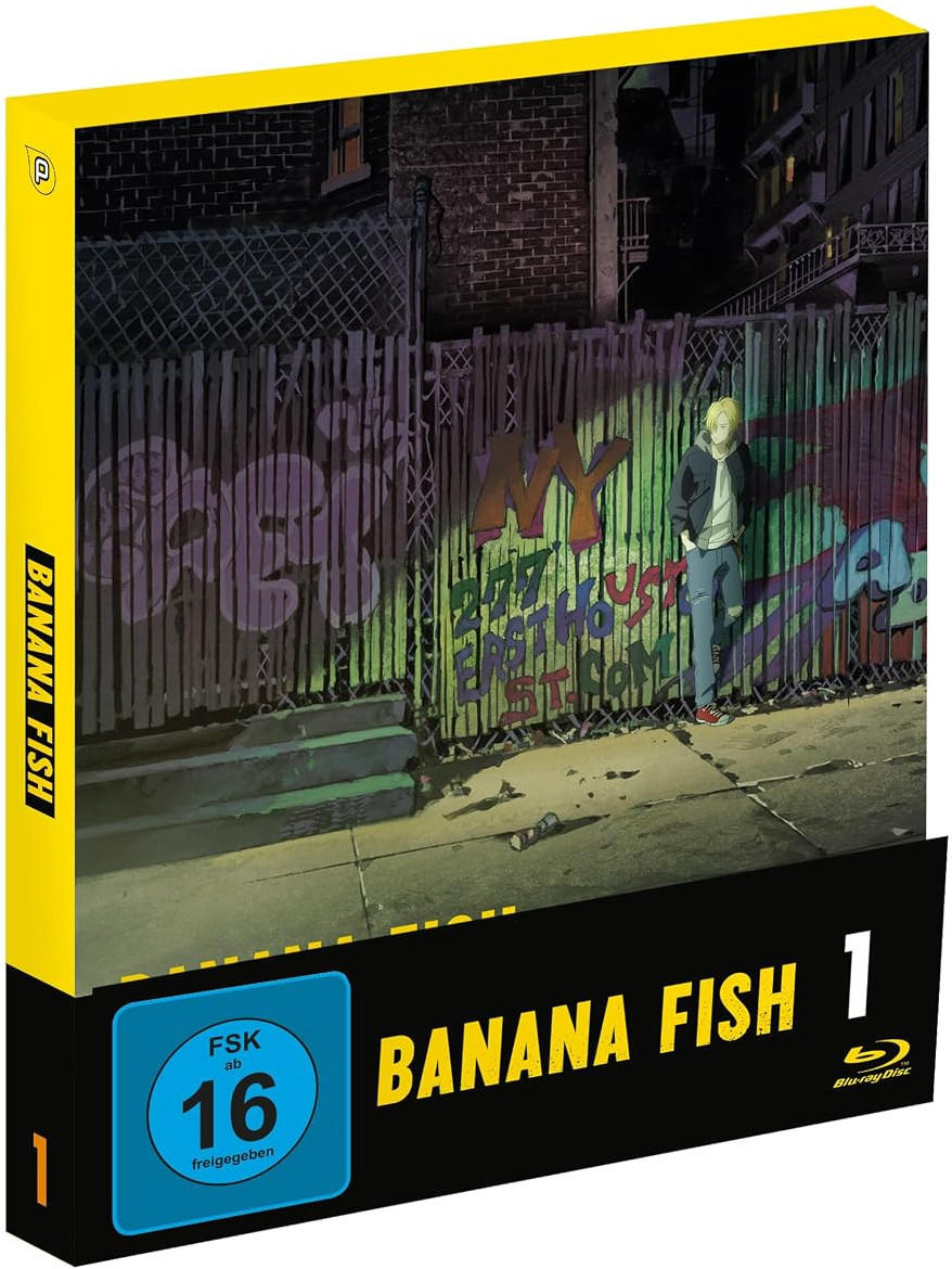 Anime-Box-Art: Ein blonder Junge steht nachts an einem mit Graffiti bedeckten Zaun.