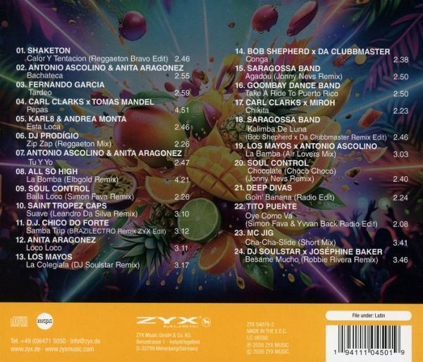Album-Cover mit Songliste und Früchten. Text im Hintergrund.