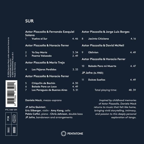 Cover mit Songliste und Künstlerinformationen für das Album "SUR" von Astor Piazzolla.