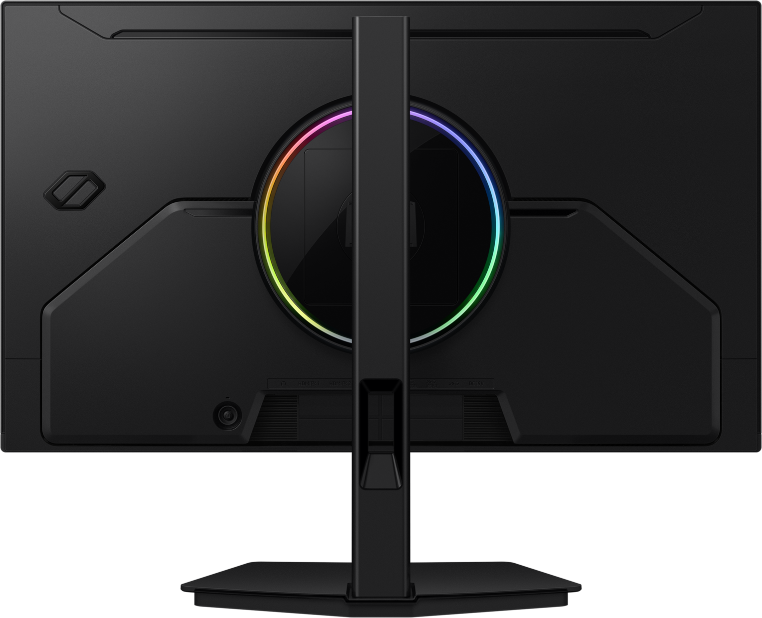 Arrière d'un moniteur noir avec éclairage RVB et ports.