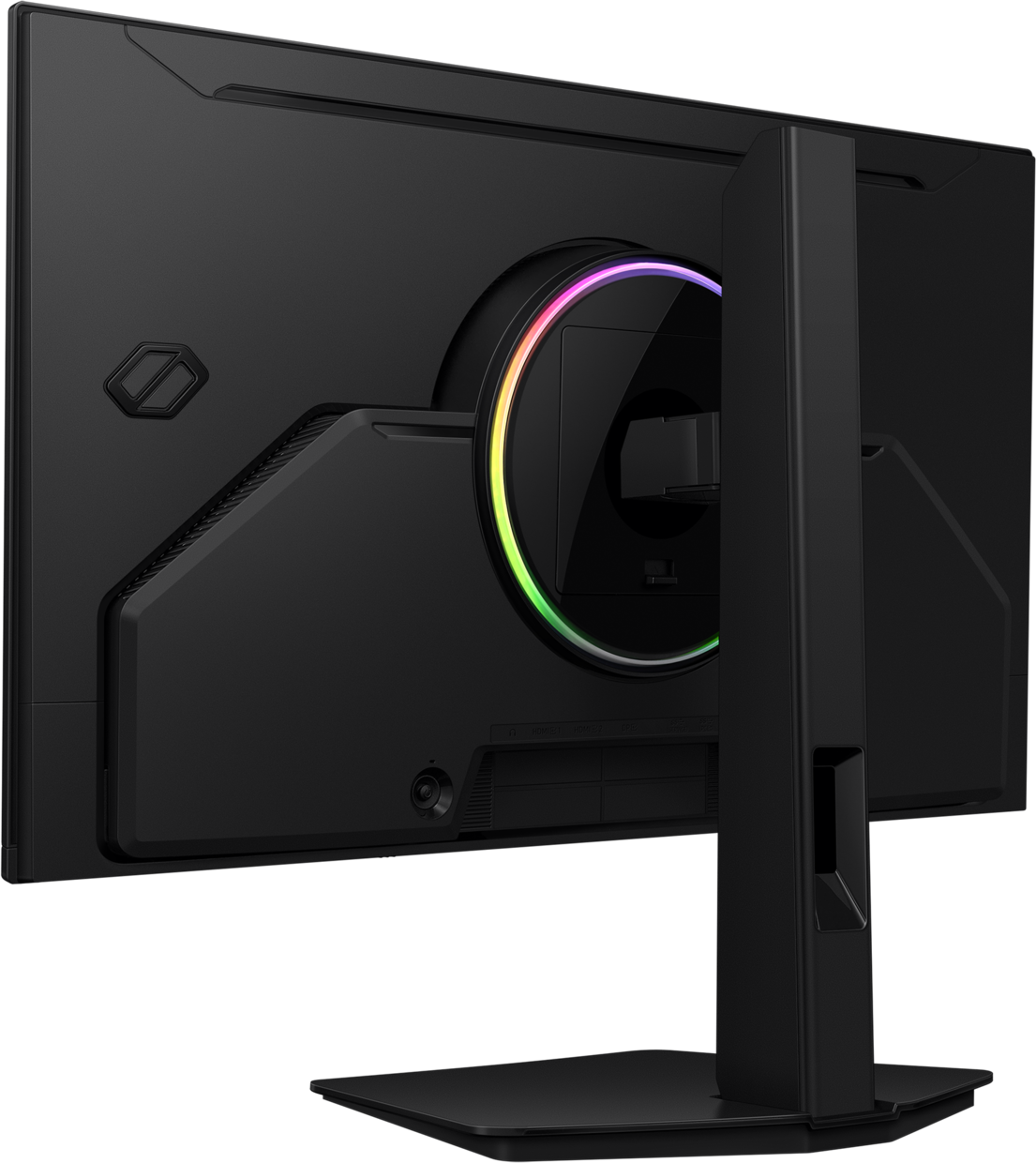 Arrière d'un moniteur noir avec éclairage RVB sur le support.
