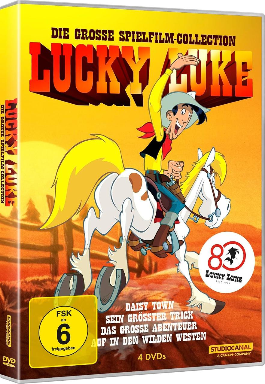 Lucky Luke reitet auf seinem weißen Pferd vor einem gelben Himmel. Die DVD-Hülle zeigt den Titel.