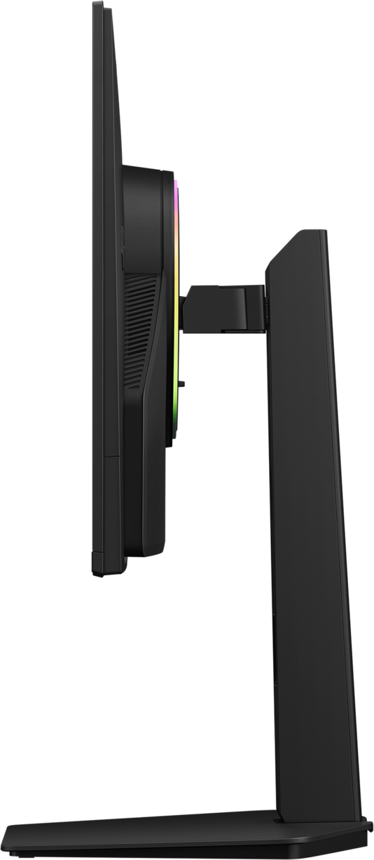 Un moniteur noir avec éclairage RVB sur un support, vu de côté.