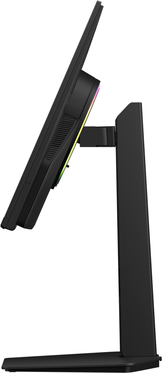 Un moniteur d'ordinateur noir avec éclairage RVB sur un support.