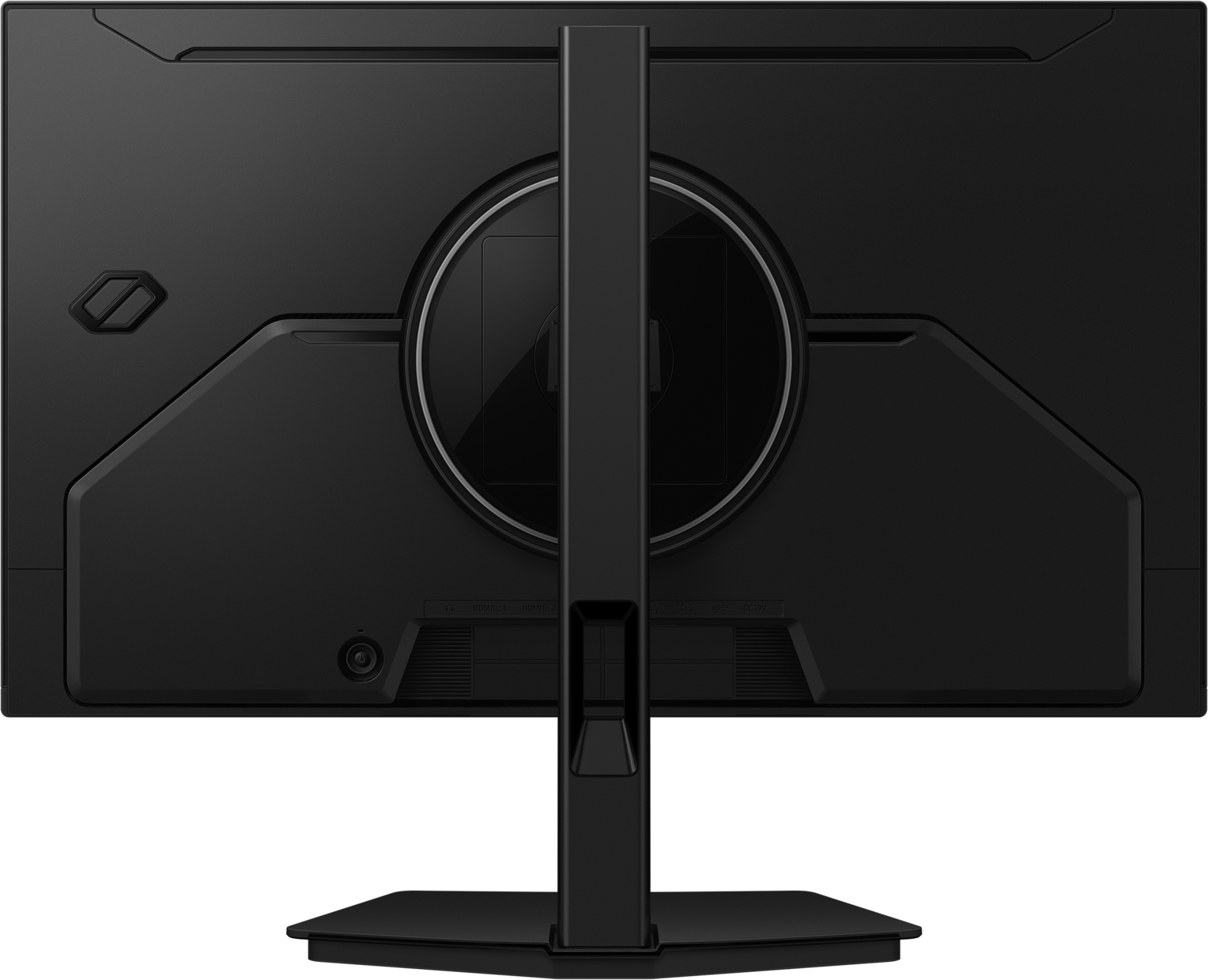 Arrière d'un moniteur noir montrant les ports et un support.