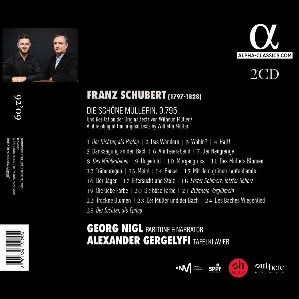 Zwei Männer posieren vor CD-Cover-Text über Franz Schubert.