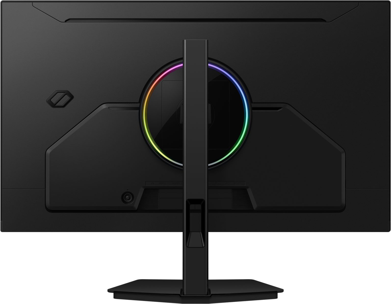 Retro di un monitor nero con illuminazione RGB e porte.