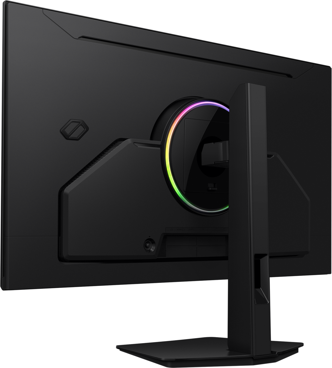 Retro di un monitor nero con illuminazione RGB sul supporto.