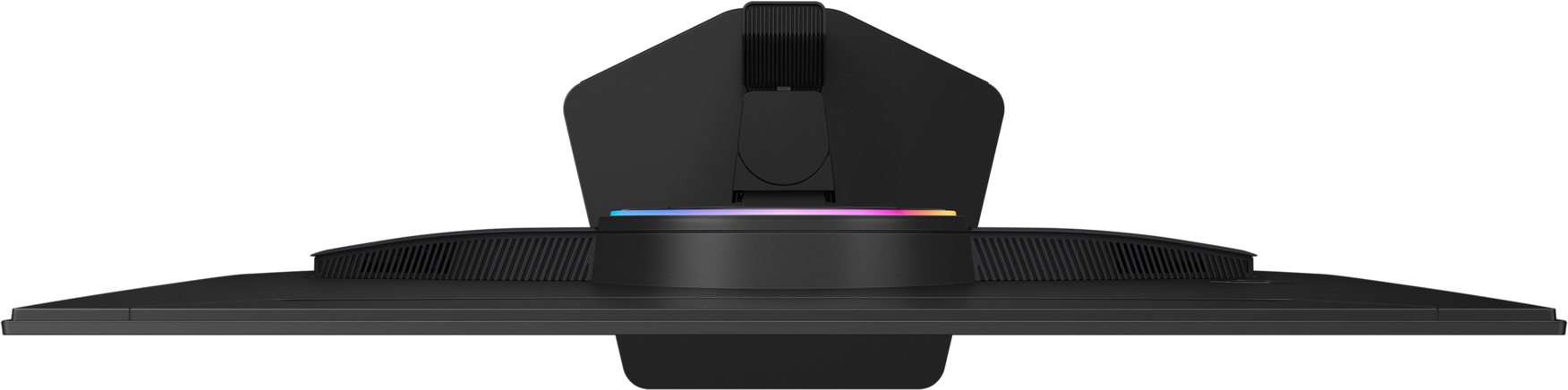 Un supporto per monitor nero con fessure di ventilazione e illuminazione RGB.