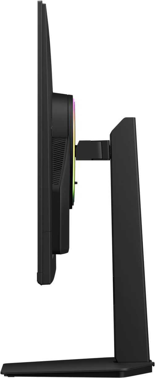 Vista laterale di un monitor per computer nero con illuminazione RGB sul retro.