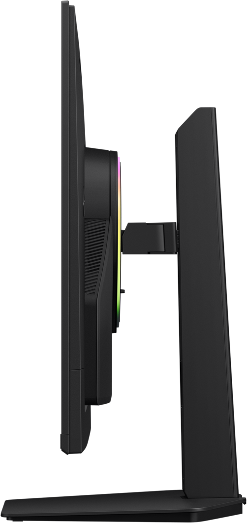 Vista laterale di un monitor nero con illuminazione RGB sulla scocca posteriore.