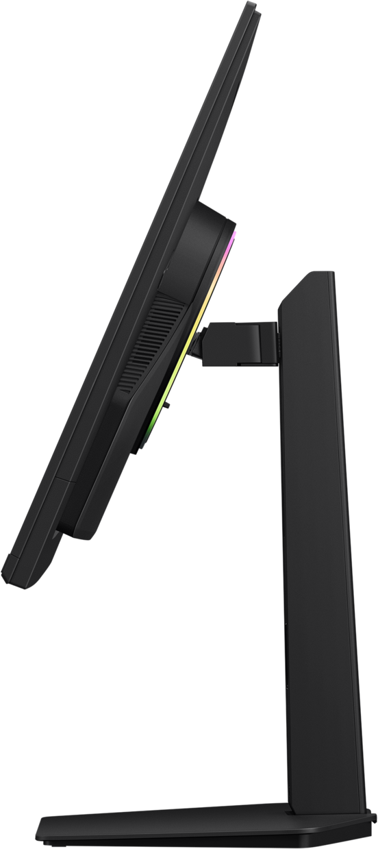 Un monitor nero con illuminazione RGB su un supporto, visto di lato.