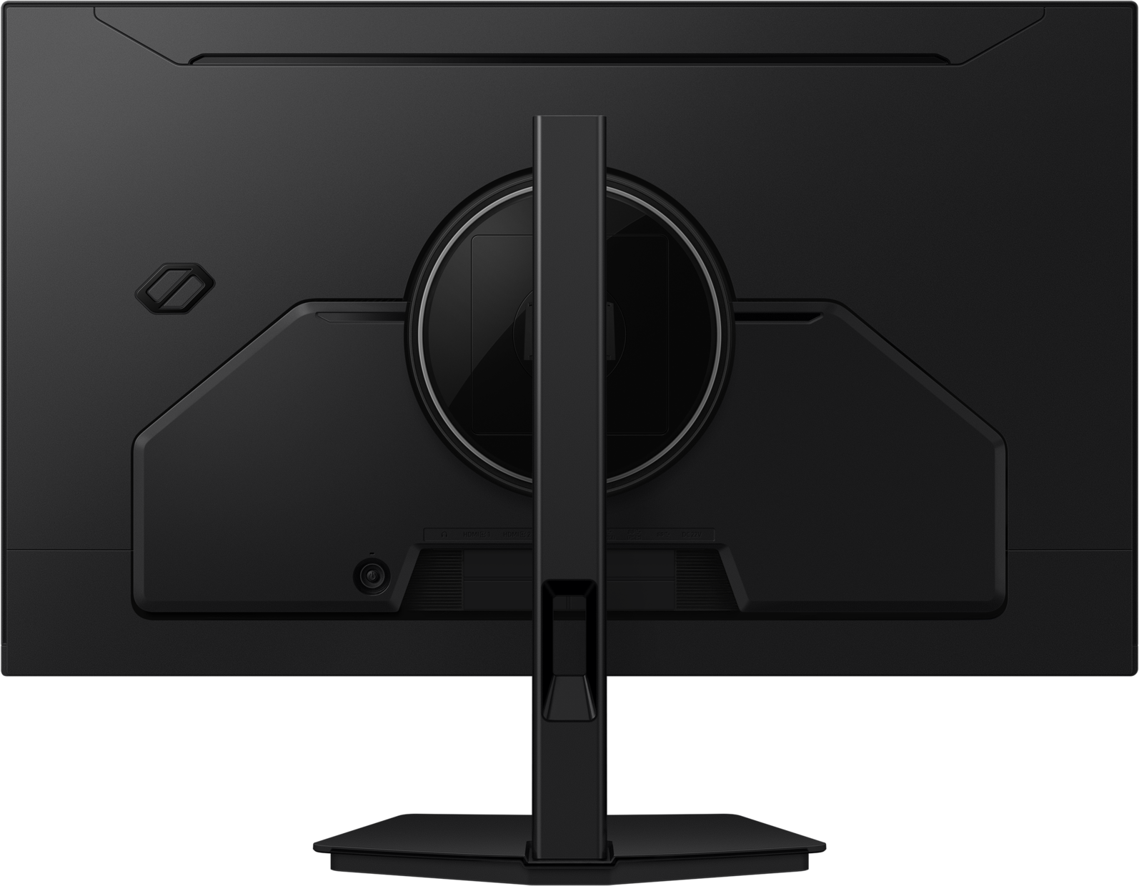 Vista posteriore di un monitor nero con supporto argento e porte.
