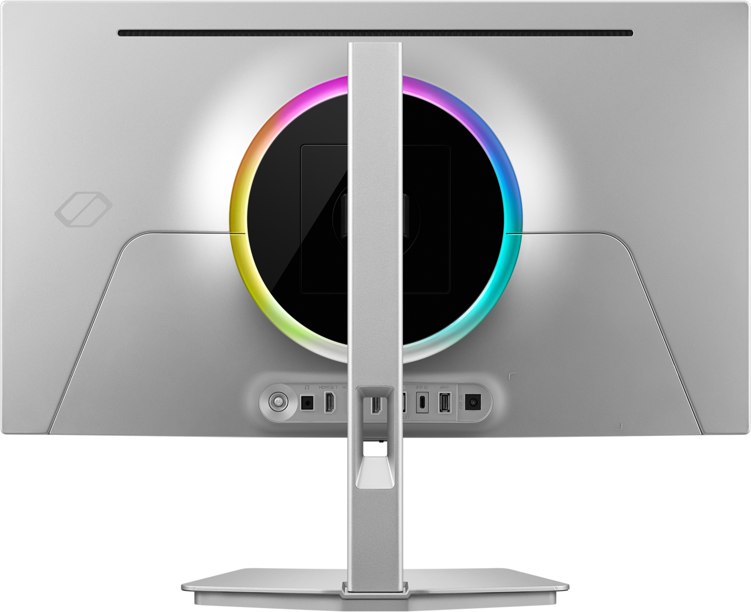 Vista posteriore di un monitor con illuminazione RGB e porte.