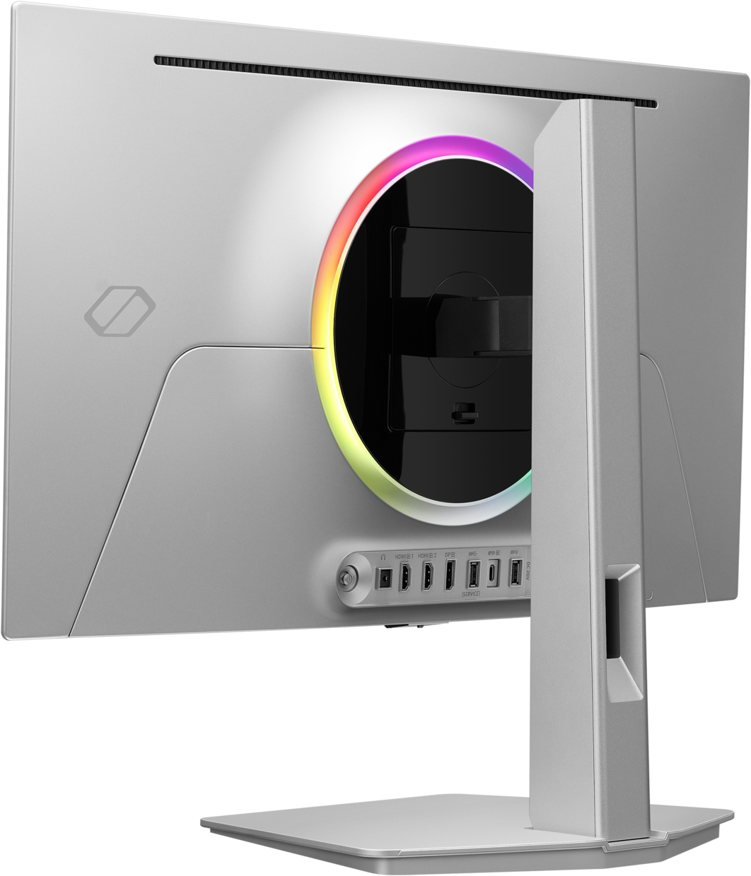 Retro di un monitor argento con illuminazione RGB e porte.