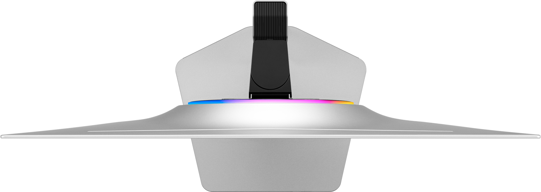 Mouse argentato con illuminazione RGB, vista dall'alto.