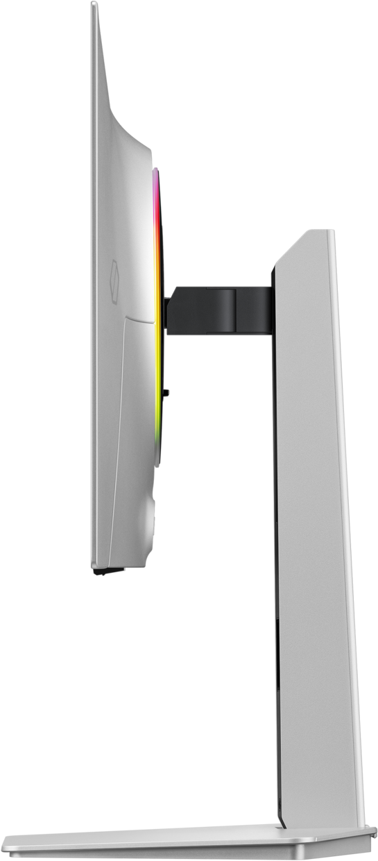 Monitor argentato con illuminazione RGB su supporto bianco, vista laterale.