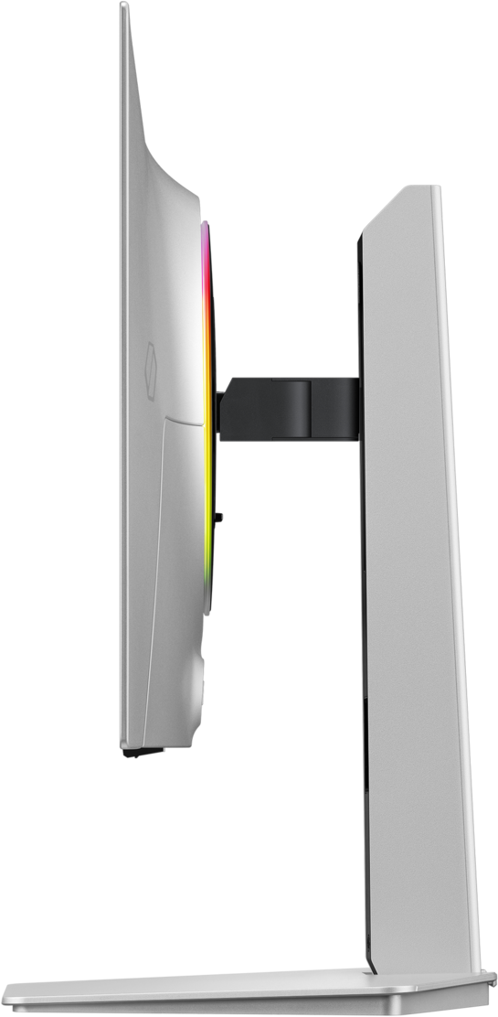 Un monitor argentato con illuminazione RGB su supporto bianco.