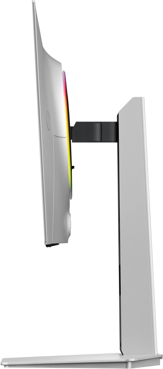 Un monitor argentato con illuminazione RGB su supporto, visto di lato.