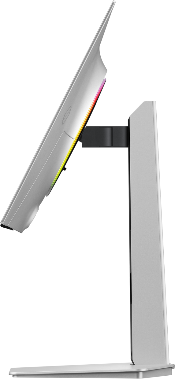 Un monitor argentato con illuminazione RGB su un supporto, visto di lato.