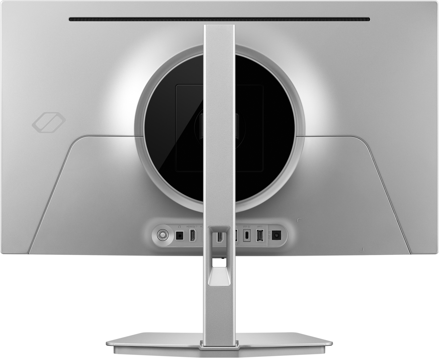 Retro di un monitor argentato con porte ed elemento circolare centrale.