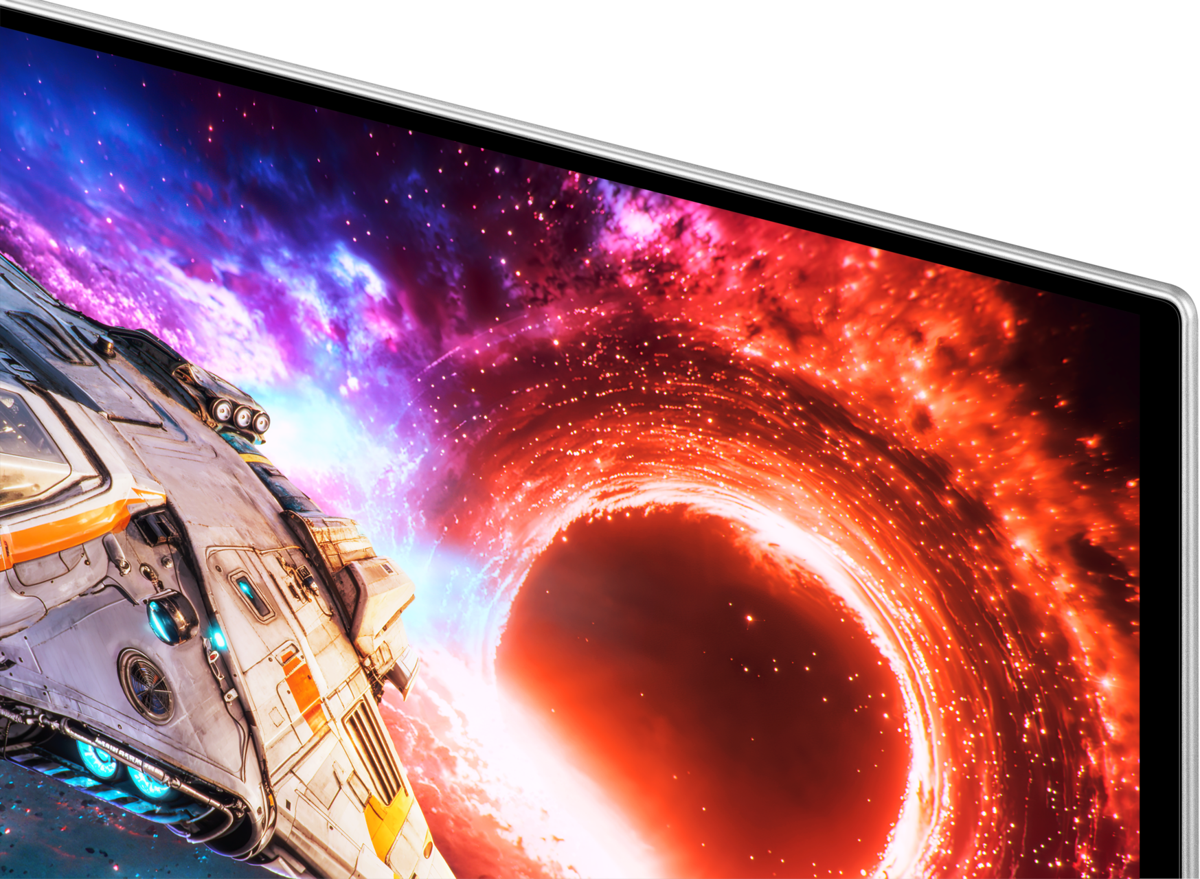 Un'astronave vola verso un wormhole rosso luminoso nello spazio.