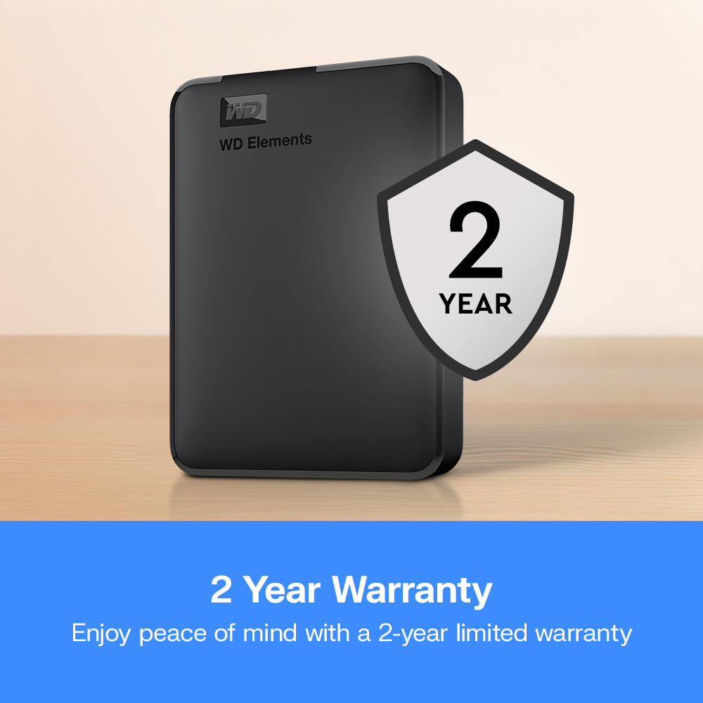 Hard disk esterno WD Elements nero con scudo di garanzia di 2 anni.
