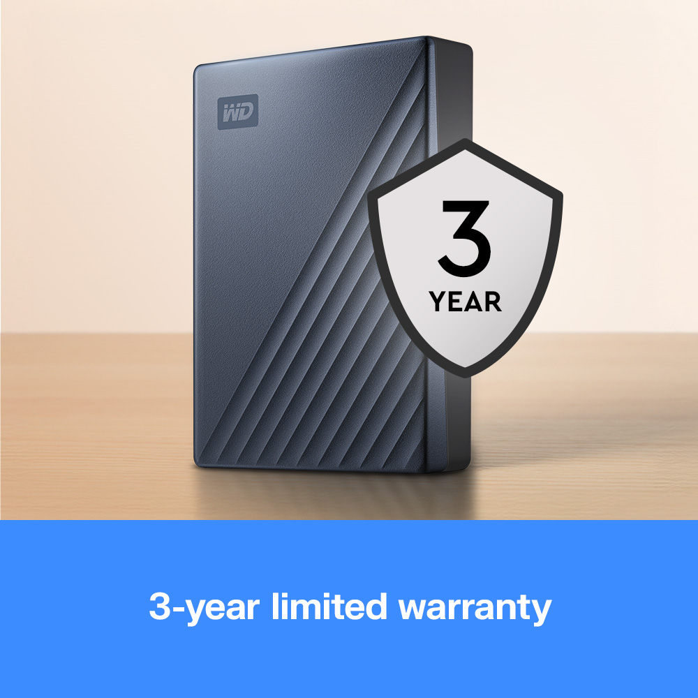 Hard disk grigio scuro con motivo a onde e scudo di garanzia di 3 anni.