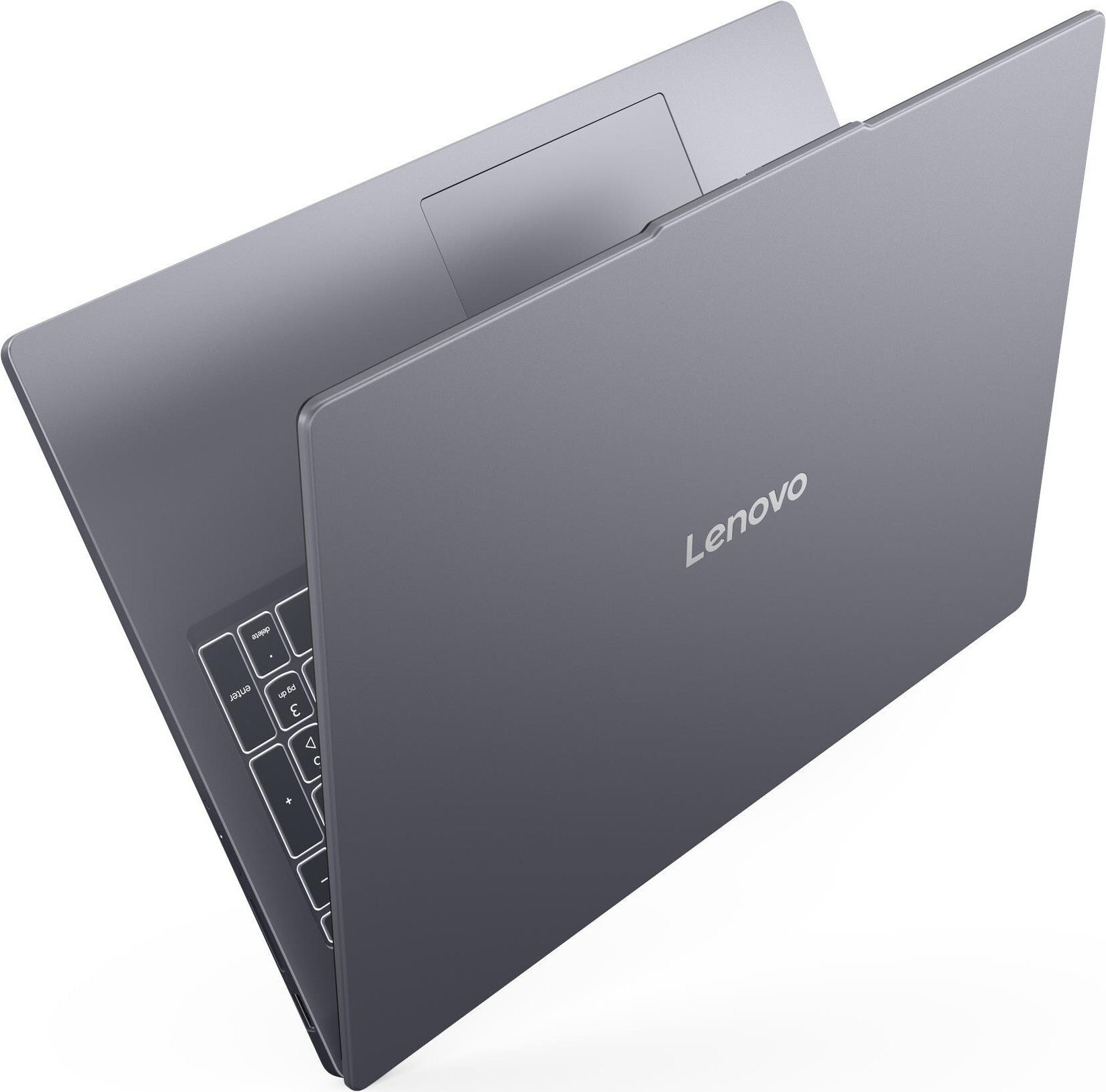 Ordinateur portable Lenovo gris avec clavier rétroéclairé, vu de dessus.