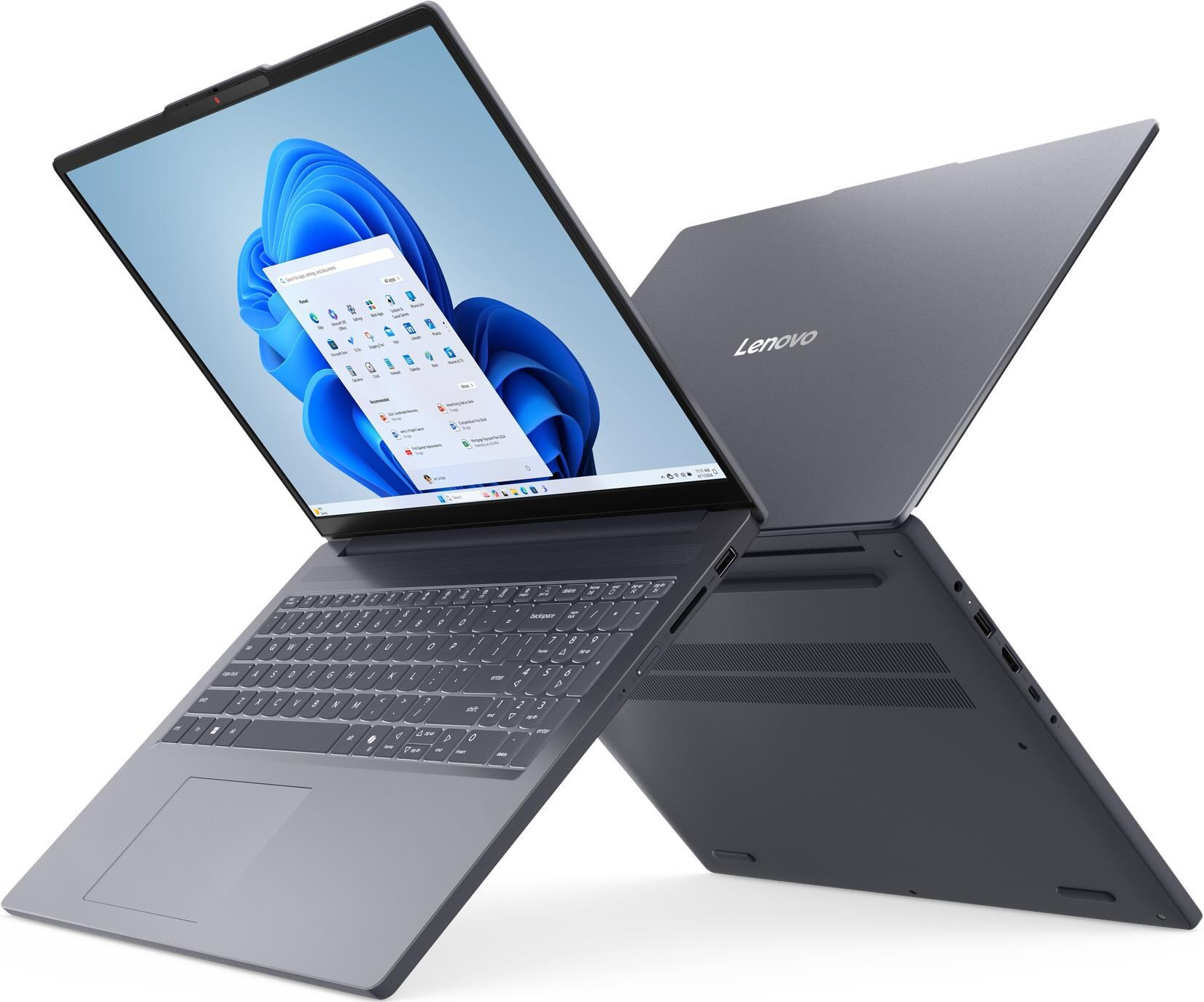 Ordinateur portable Lenovo gris avec écran ouvert, affichant le système d'exploitation Windows 11.