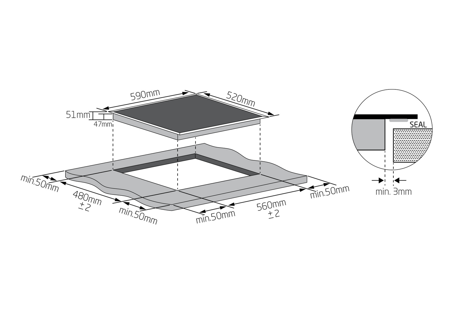 Diagrama de instalación de una placa de cocina con dimensiones y detalles de sello.