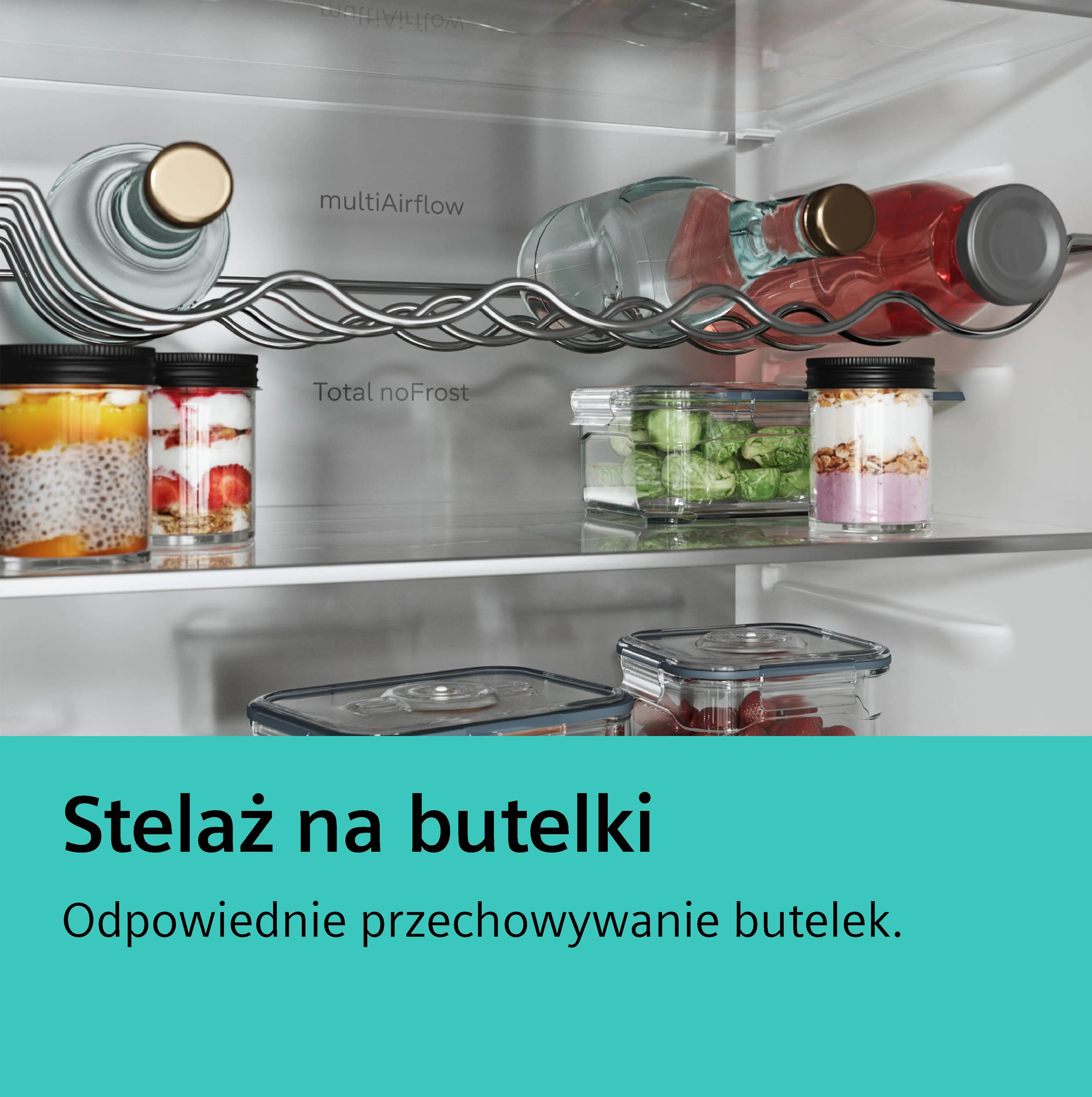 Wnętrze lodówki z półką na butelki, słoikami i pojemnikami na żywność.