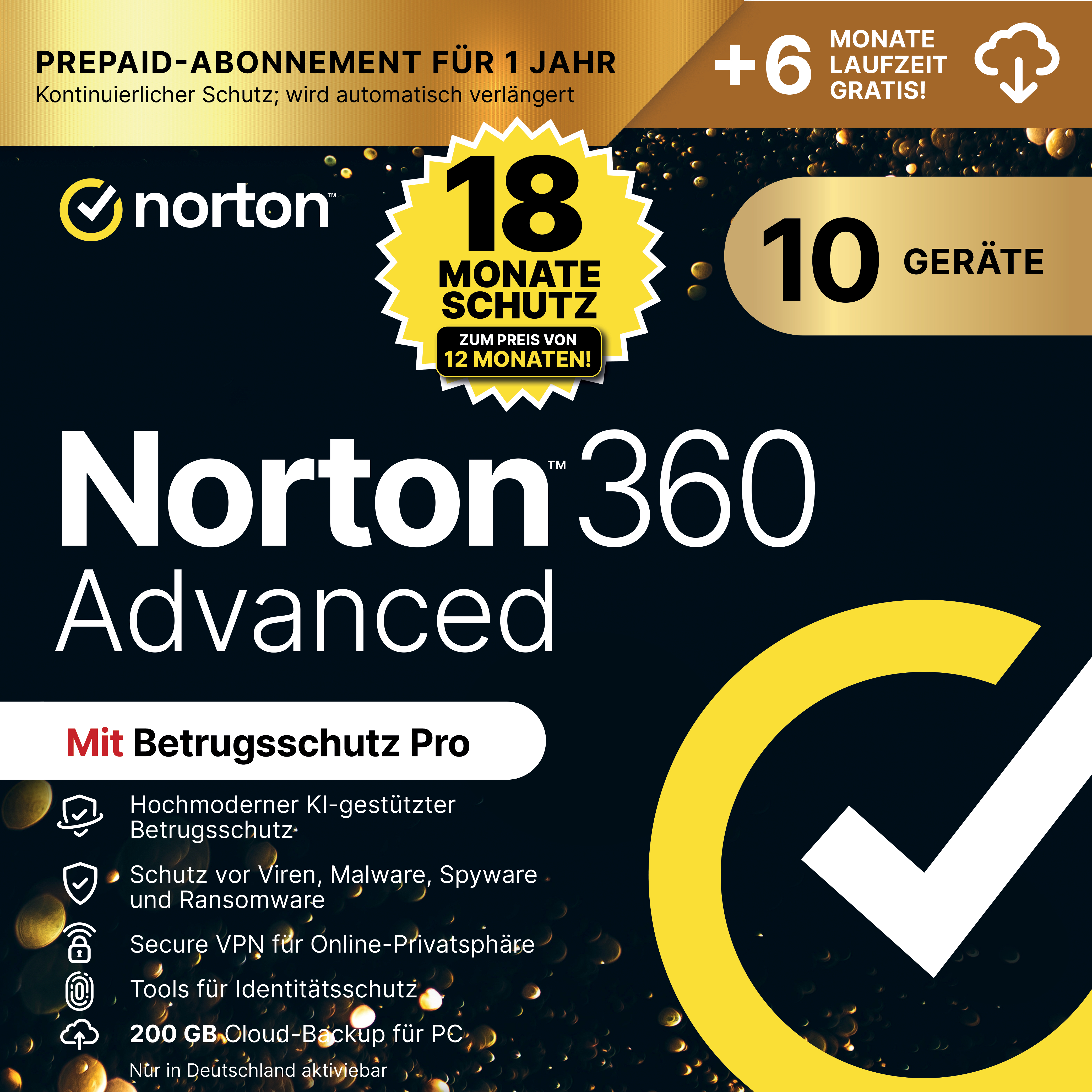 Norton 360 Advanced: 18 Monate Schutz für 10 Geräte, mit Betrugsschutz Pro.