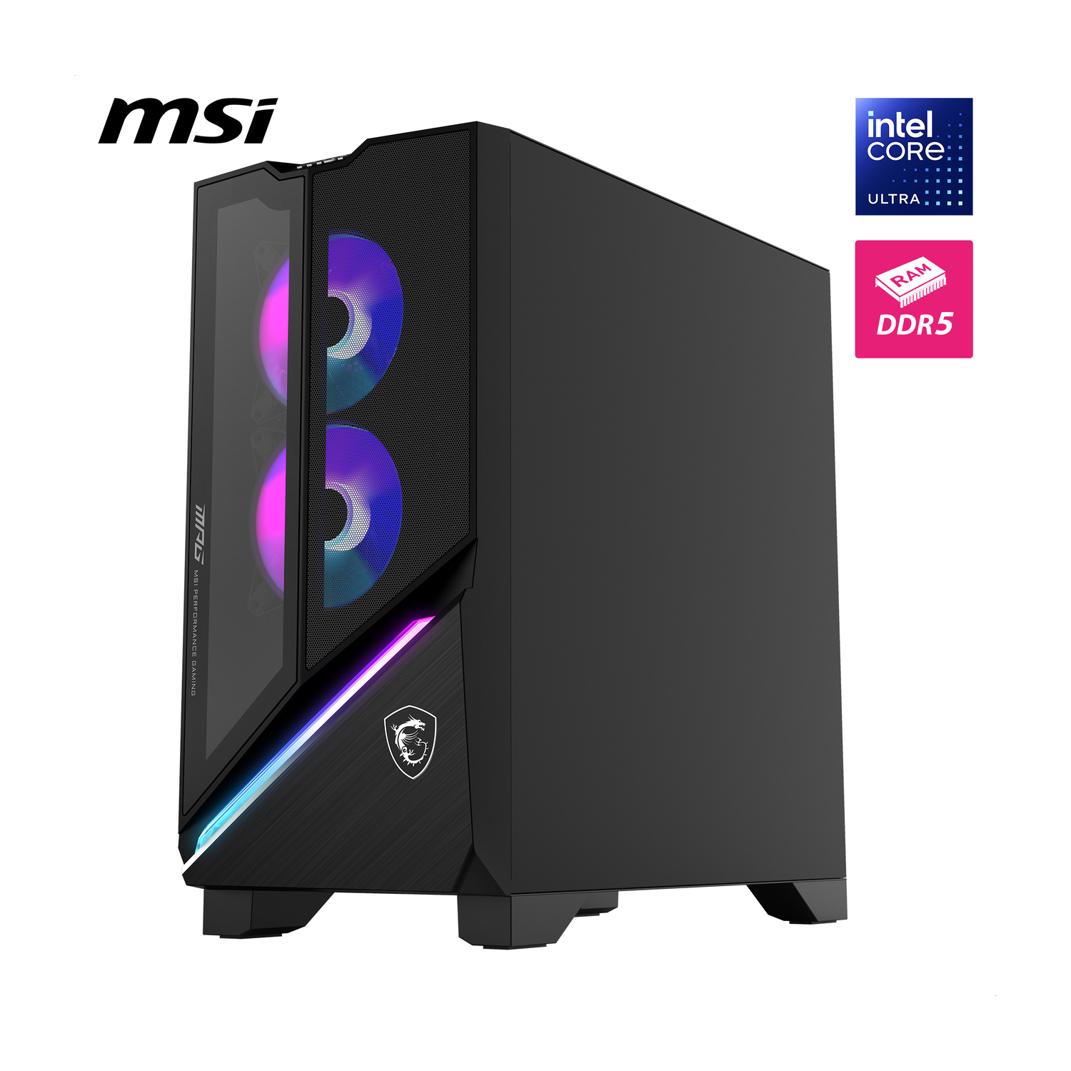 PC gaming MSI con ventole RGB, Intel Core Ultra e RAM DDR5. Pannelli frontali in mesh e vetro.