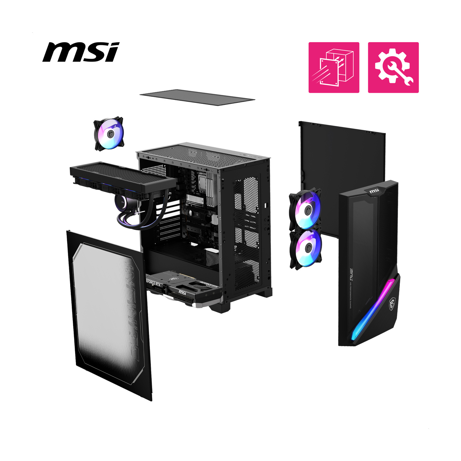 Componenti PC MSI: case, ventole, scheda grafica, raffreddamento a liquido.