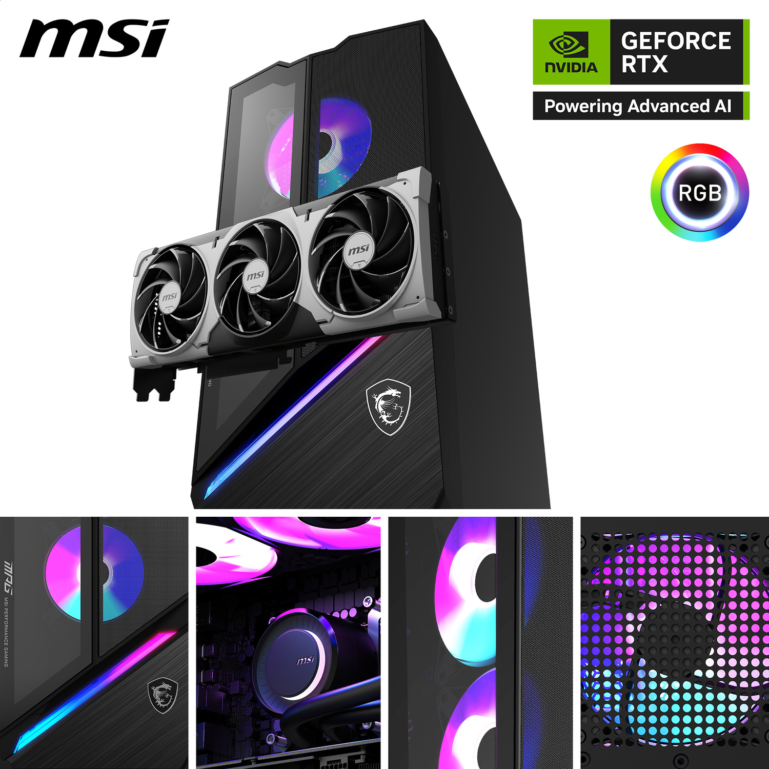 PC MSI con illuminazione RGB, scheda grafica Nvidia GeForce RTX e ventole.