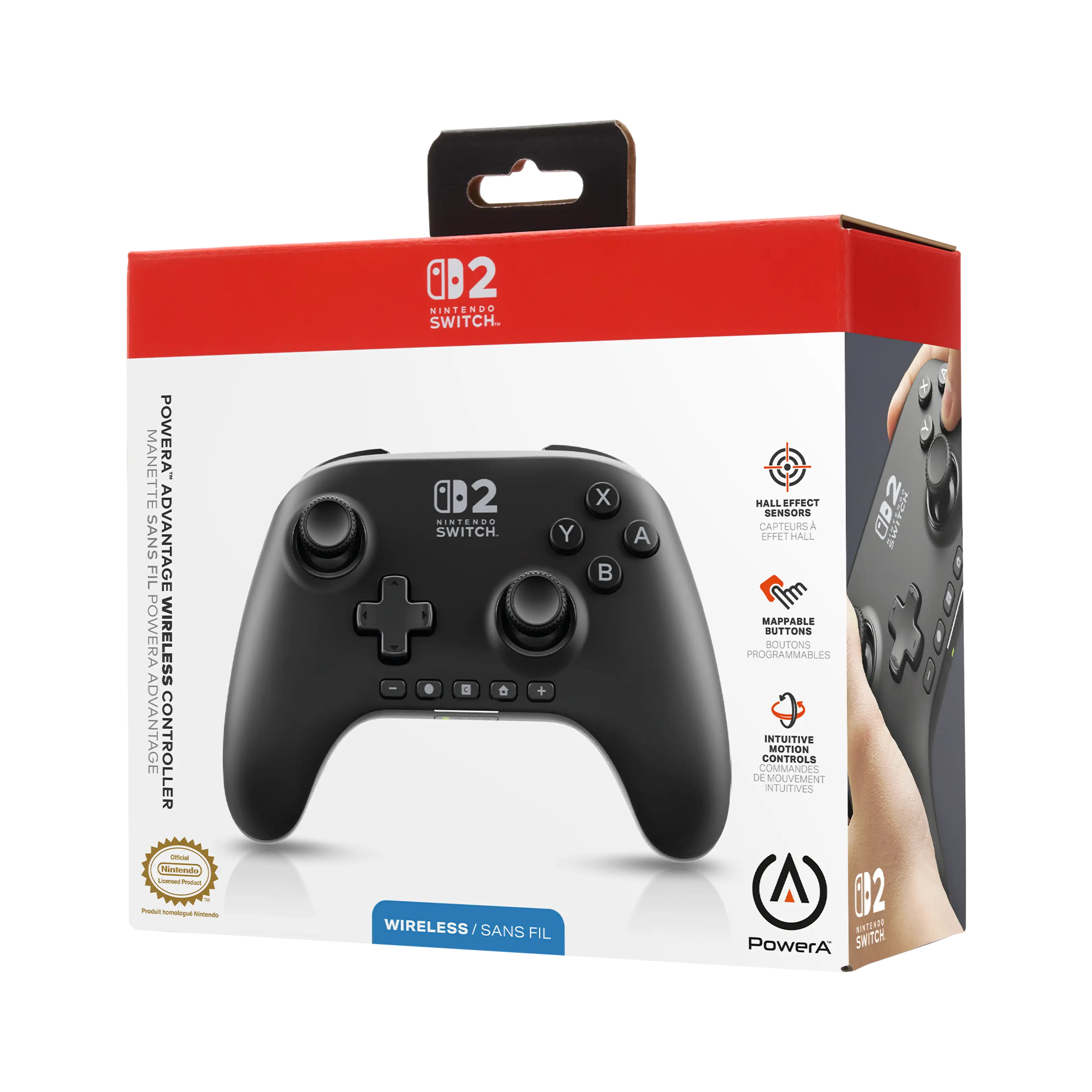 Opakowanie czarnego kontrolera Nintendo Switch z czerwonymi akcentami i grafiką.