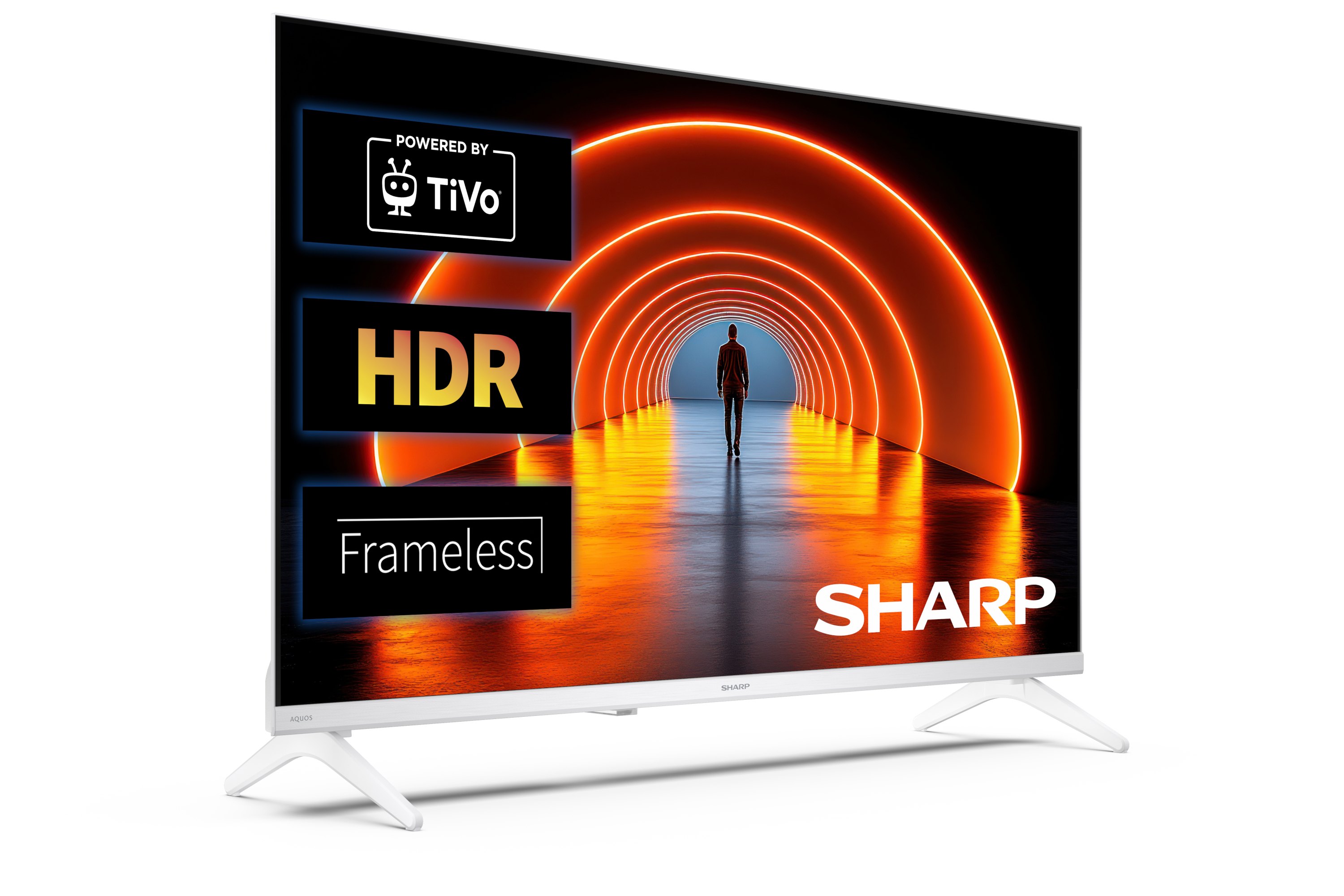 Biały telewizor z logo Sharp i sceną z mężczyzną w pomarańczowym, podświetlonym tunelu.