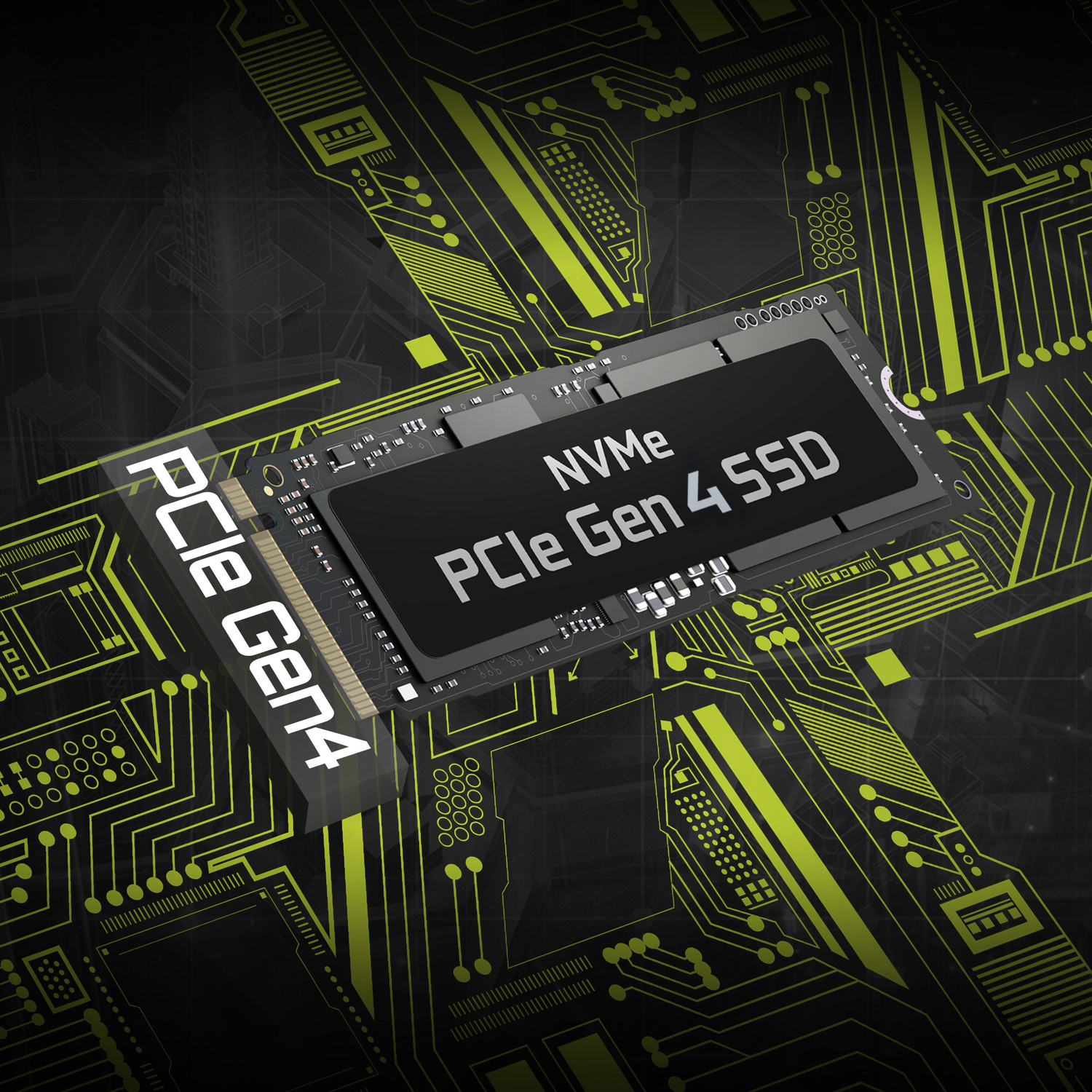 SSD NVMe PCIe Gen 4 su un circuito stampato con linee gialle.