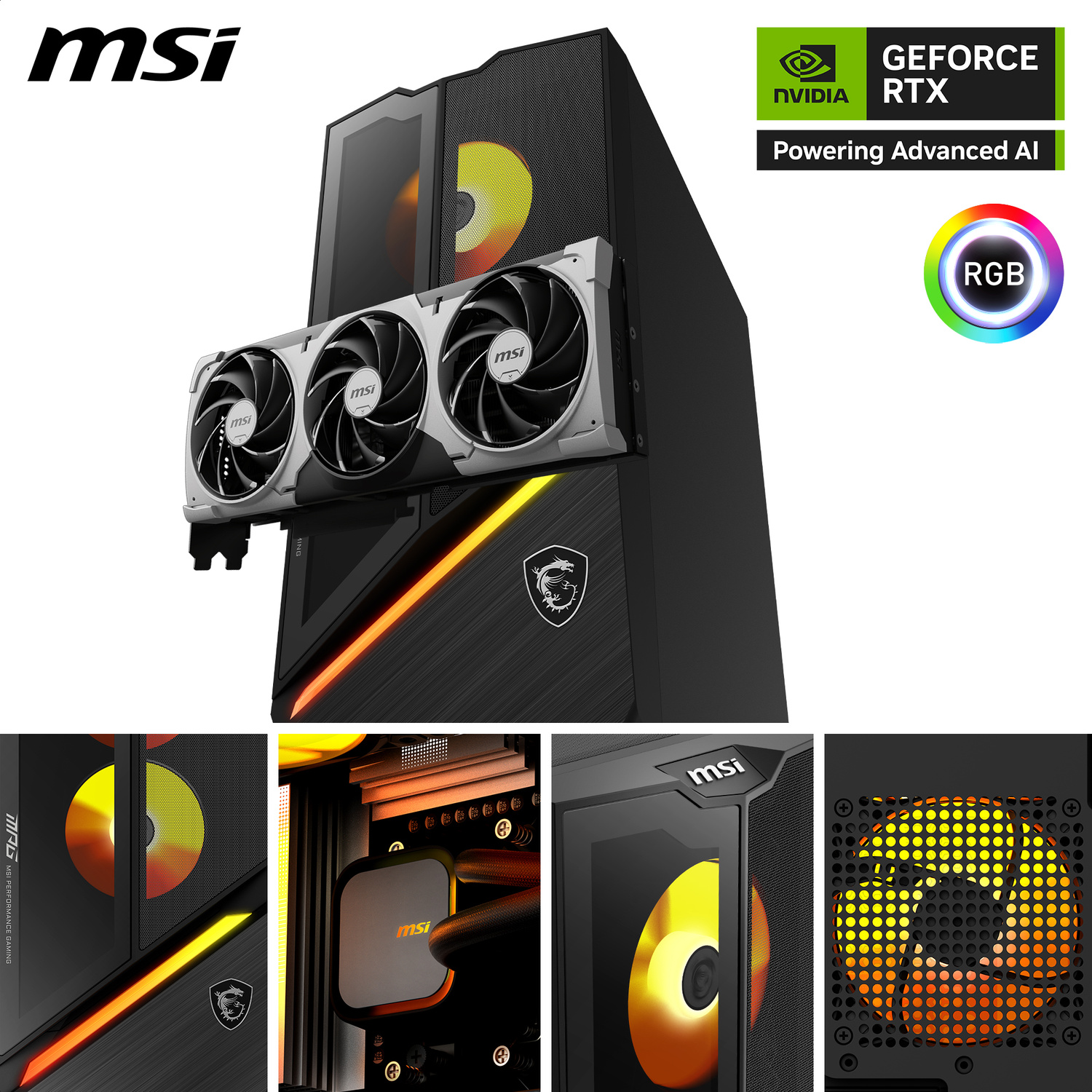 PC Gaming MSI con scheda grafica, ventole RGB e logo NVIDIA RTX.